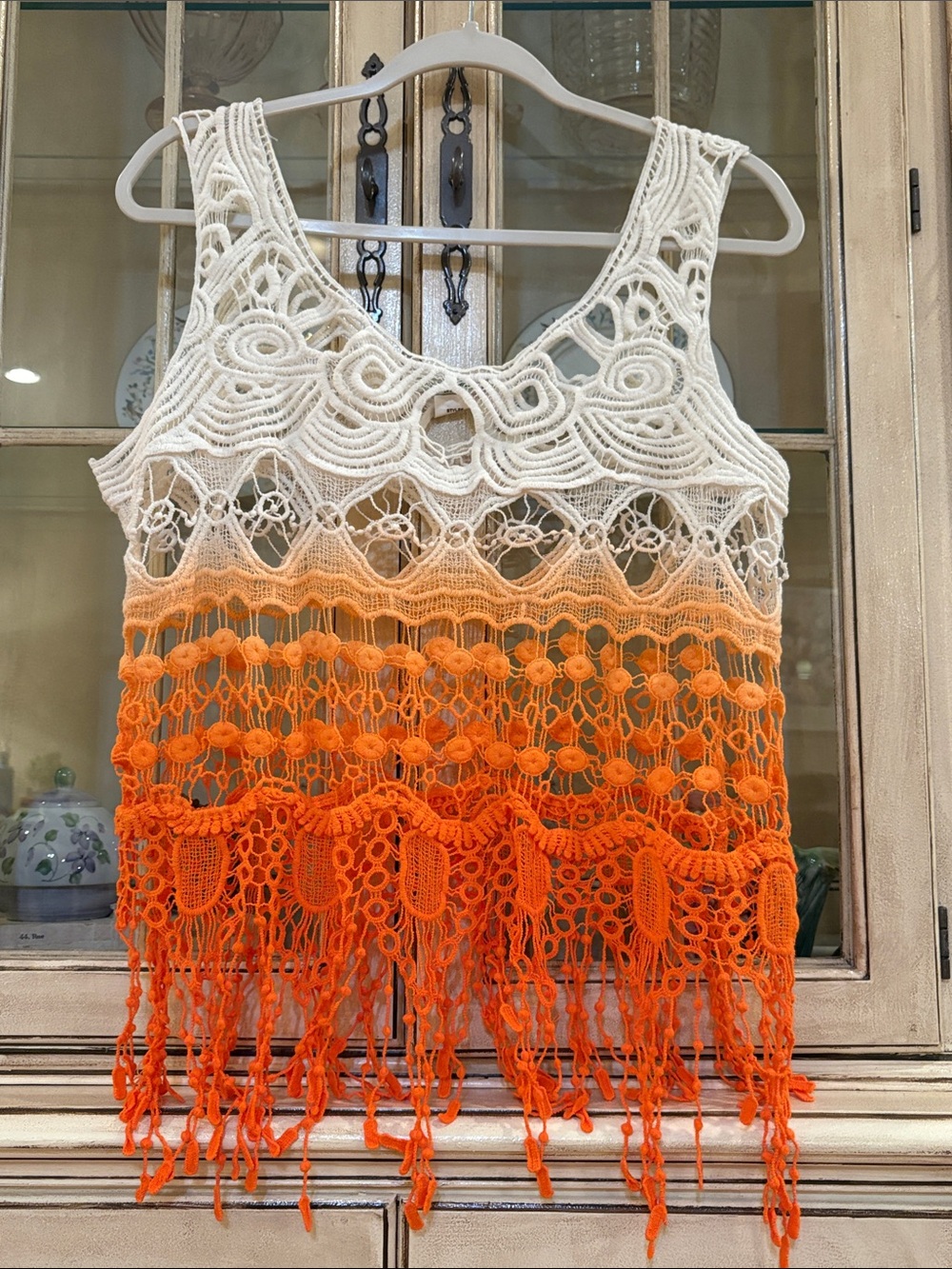 100% Cotton Crochet Fringe Ombre Tank Top - White to Orange - Picture 1 of 3
